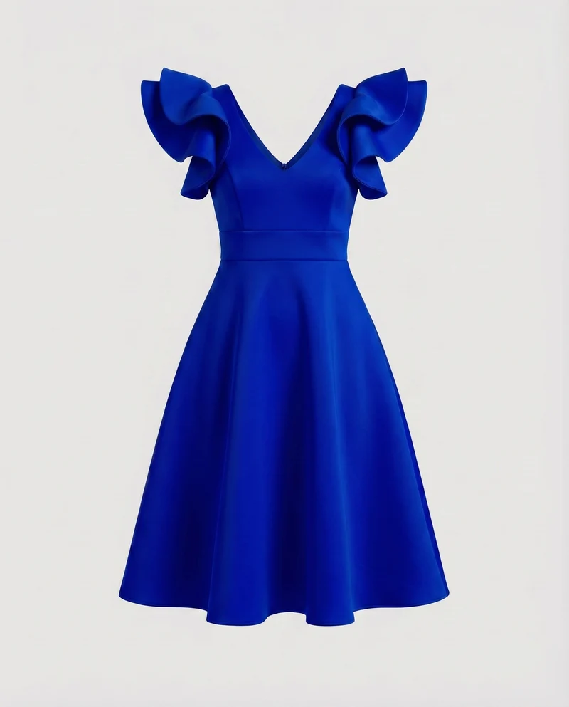 Damen Feminine Voluminöse Rüschenärmel MischgewNord Taschene A-Linien-Kleid
