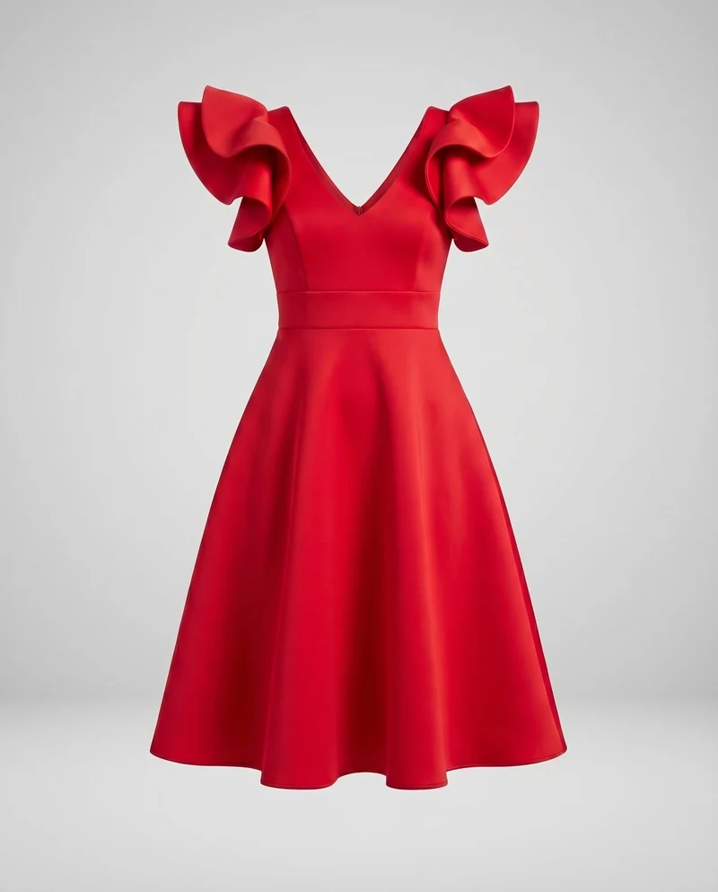 Damen Feminine Voluminöse Rüschenärmel MischgewNord Taschene A-Linien-Kleid