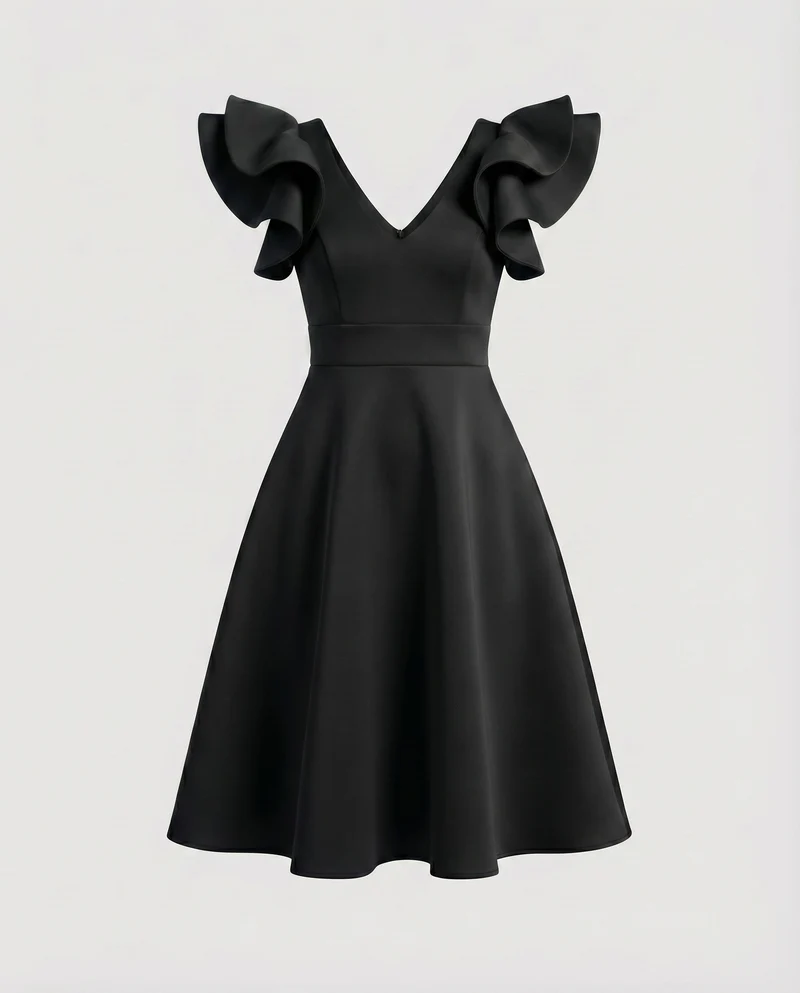 Damen Feminine Voluminöse Rüschenärmel MischgewNord Taschene A-Linien-Kleid