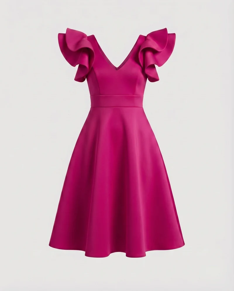 Damen Feminine Voluminöse Rüschenärmel MischgewNord Taschene A-Linien-Kleid