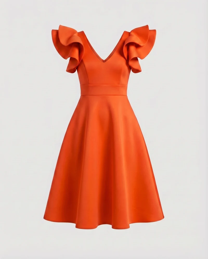 Damen Feminine Voluminöse Rüschenärmel MischgewNord Taschene A-Linien-Kleid