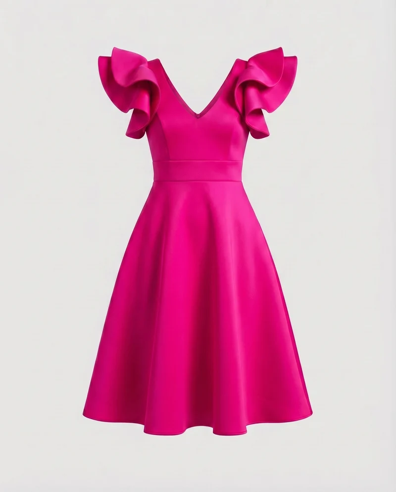 Damen Feminine Voluminöse Rüschenärmel MischgewNord Taschene A-Linien-Kleid