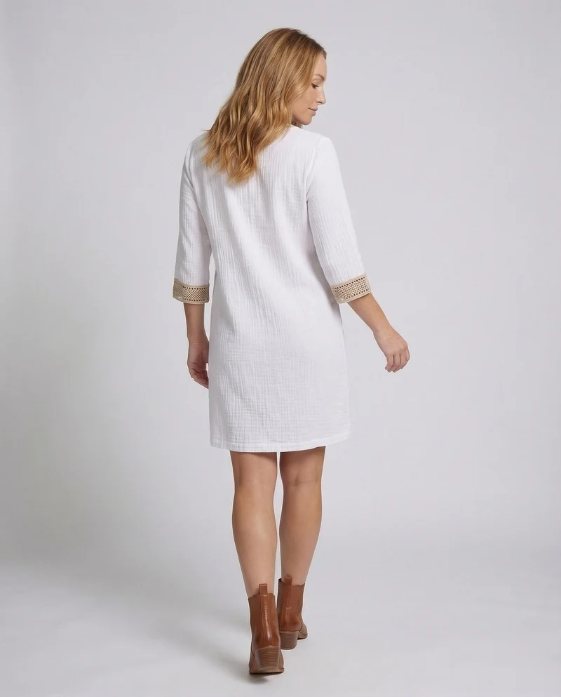 Damen Leinen-Midikleid Häkelbordüre