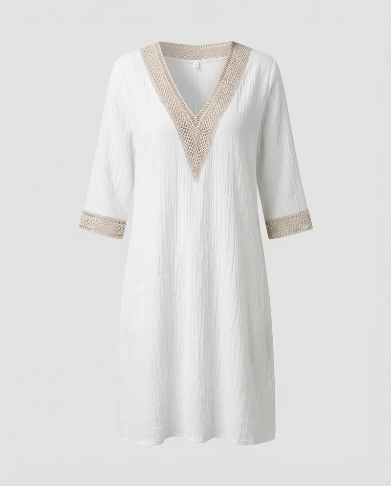 Damen Leinen-Midikleid Häkelbordüre