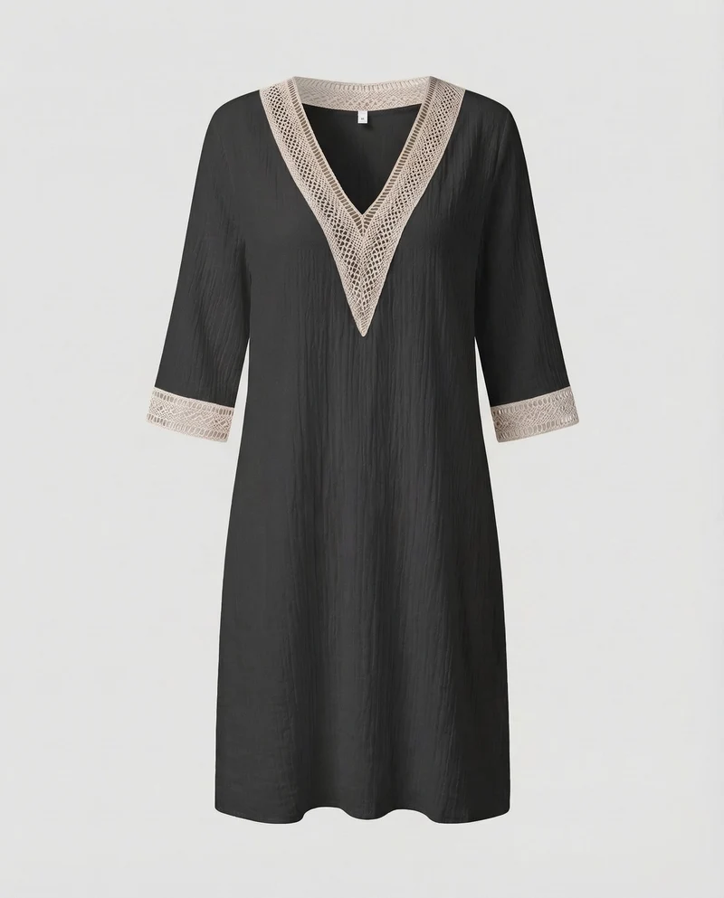 Damen Leinen-Midikleid Häkelbordüre