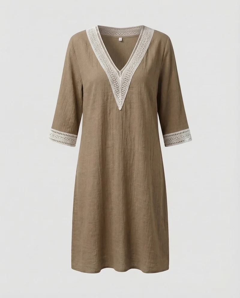Damen Leinen-Midikleid Häkelbordüre