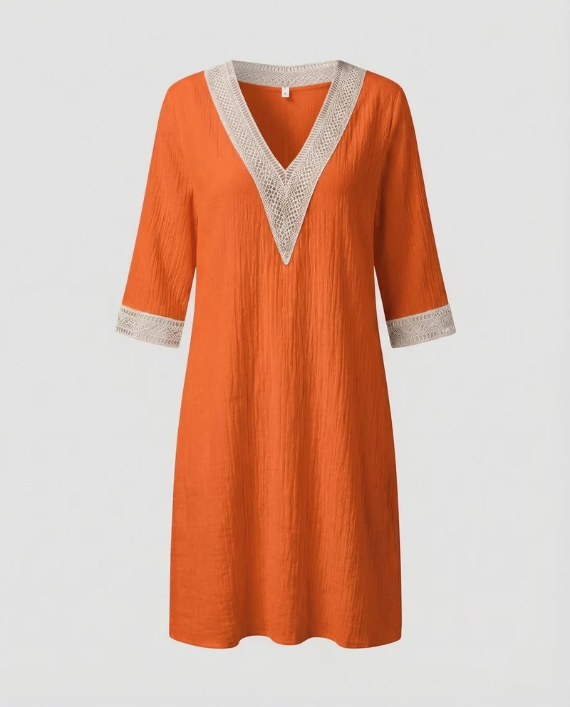 Damen Leinen-Midikleid Häkelbordüre