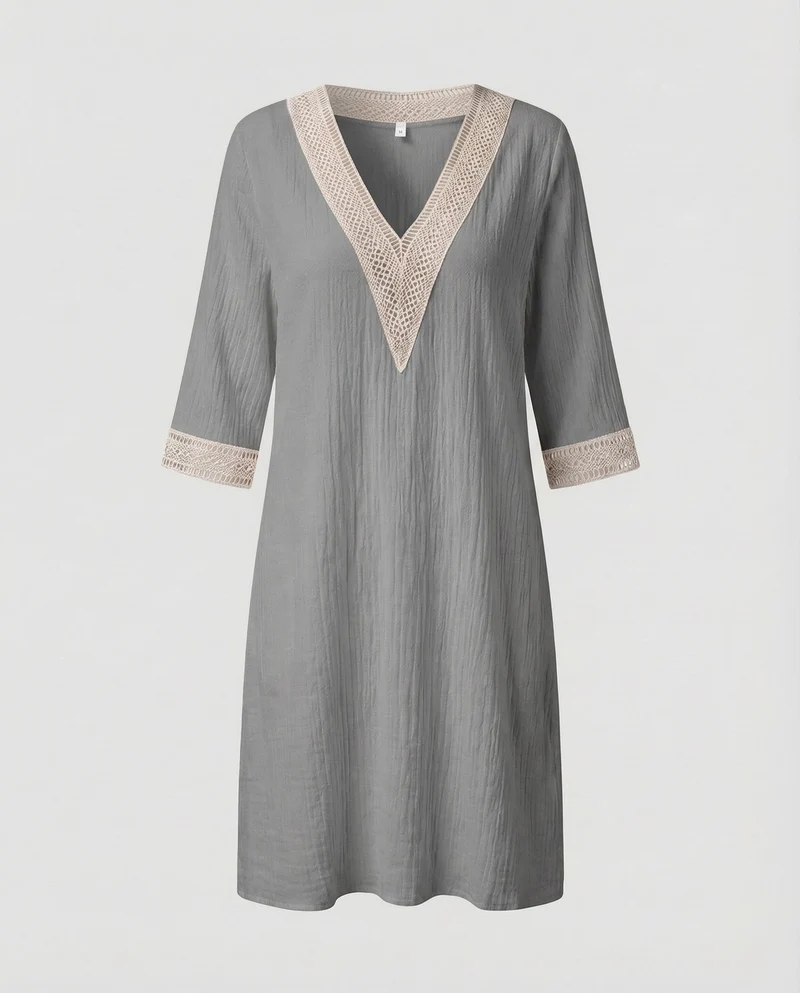 Damen Leinen-Midikleid Häkelbordüre