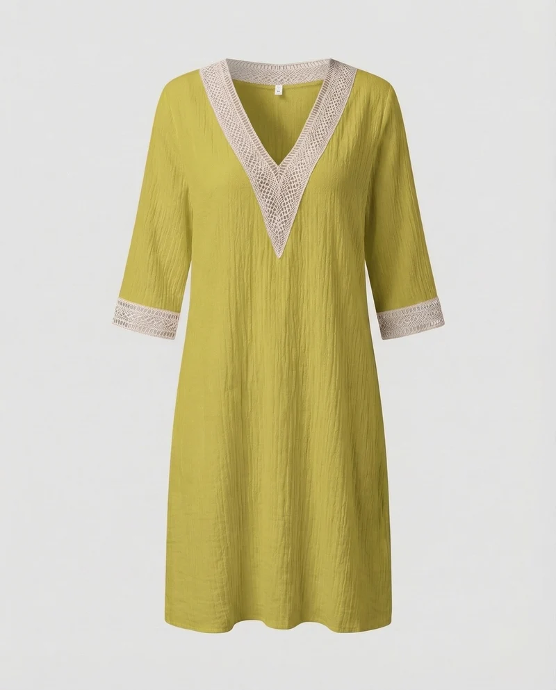 Damen Leinen-Midikleid Häkelbordüre