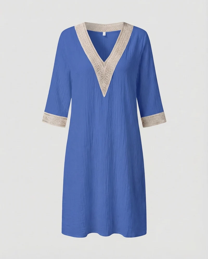 Damen Leinen-Midikleid Häkelbordüre