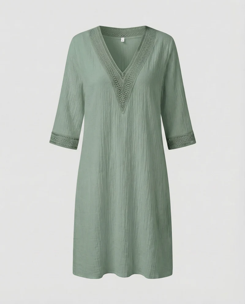Damen Leinen-Midikleid Häkelbordüre