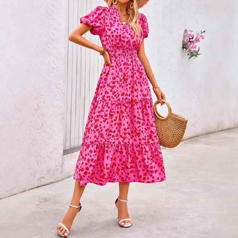 Damen Maxi-Kleid mit floralen Mustern und rüschendem Saum Nord Taschen