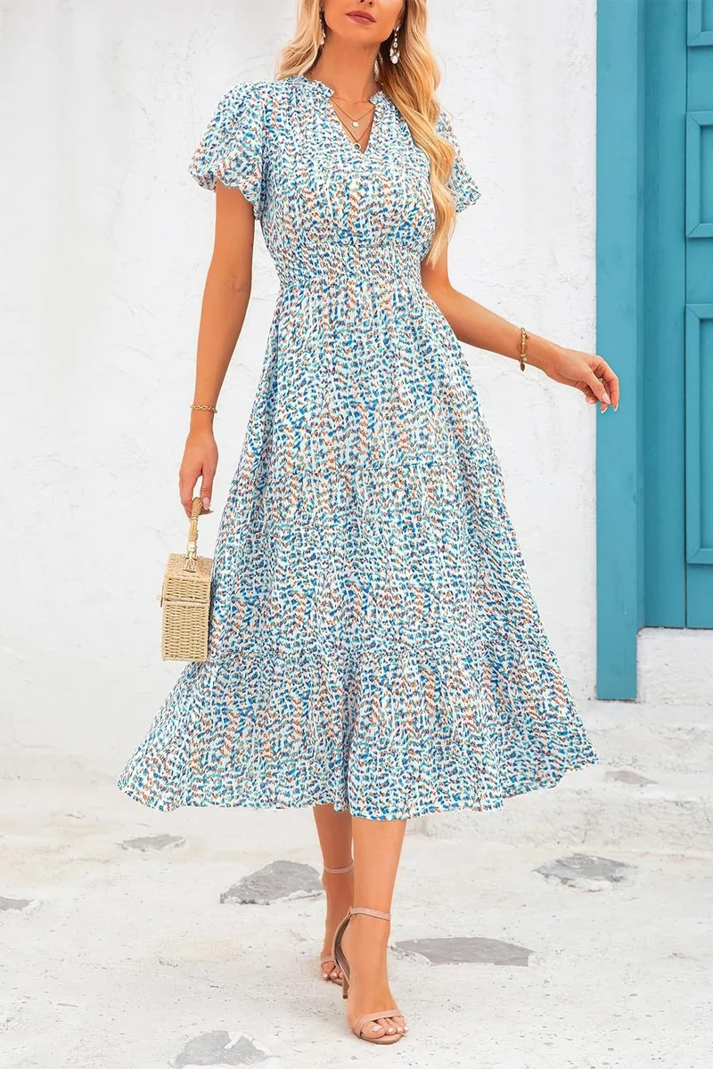 Damen Maxi-Kleid mit floralen Mustern und rüschendem Saum Nord Taschen