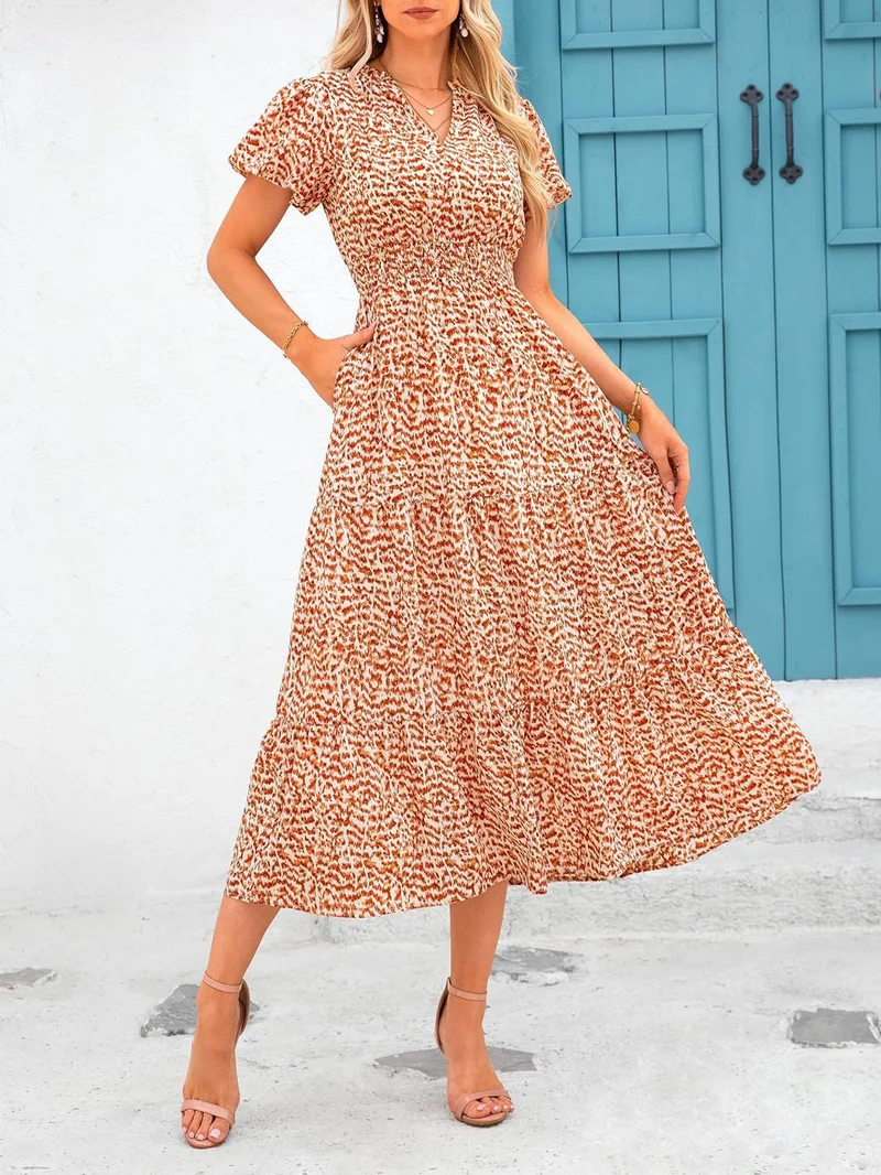 Damen Maxi-Kleid mit floralen Mustern und rüschendem Saum Nord Taschen