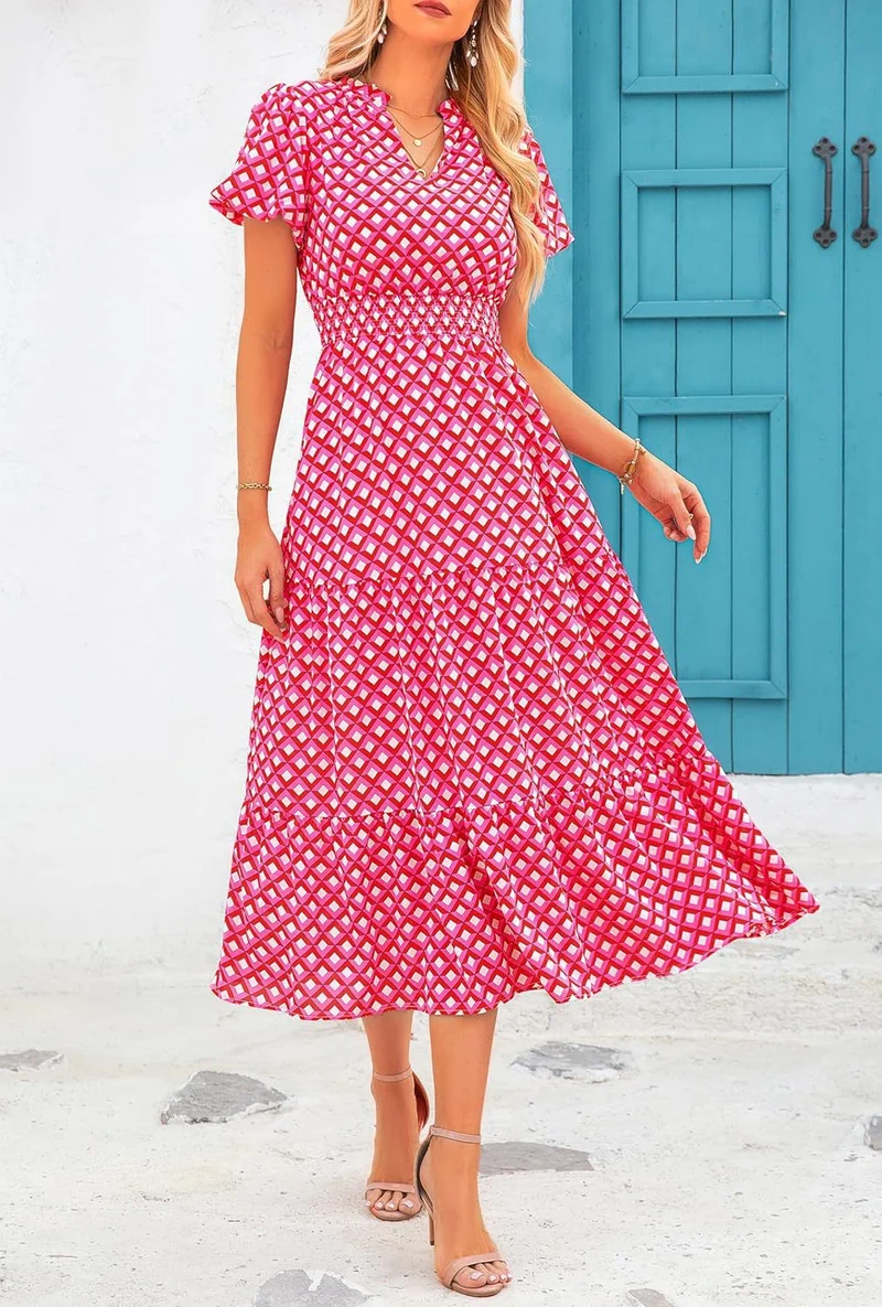Damen Maxi-Kleid mit floralen Mustern und rüschendem Saum Nord Taschen
