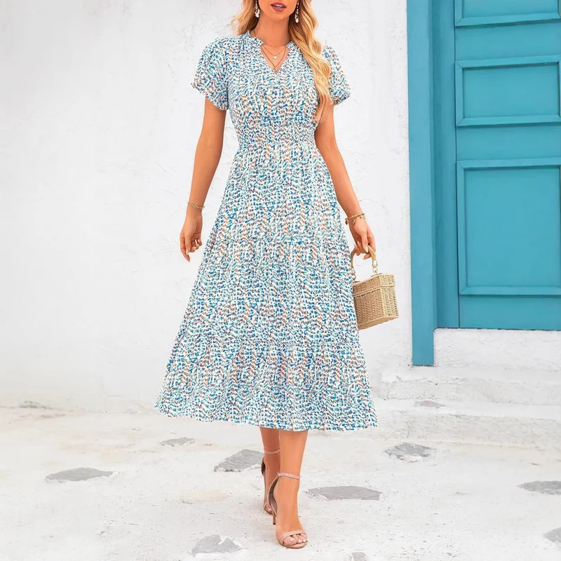 Damen Maxi-Kleid mit floralen Mustern und rüschendem Saum Nord Taschen
