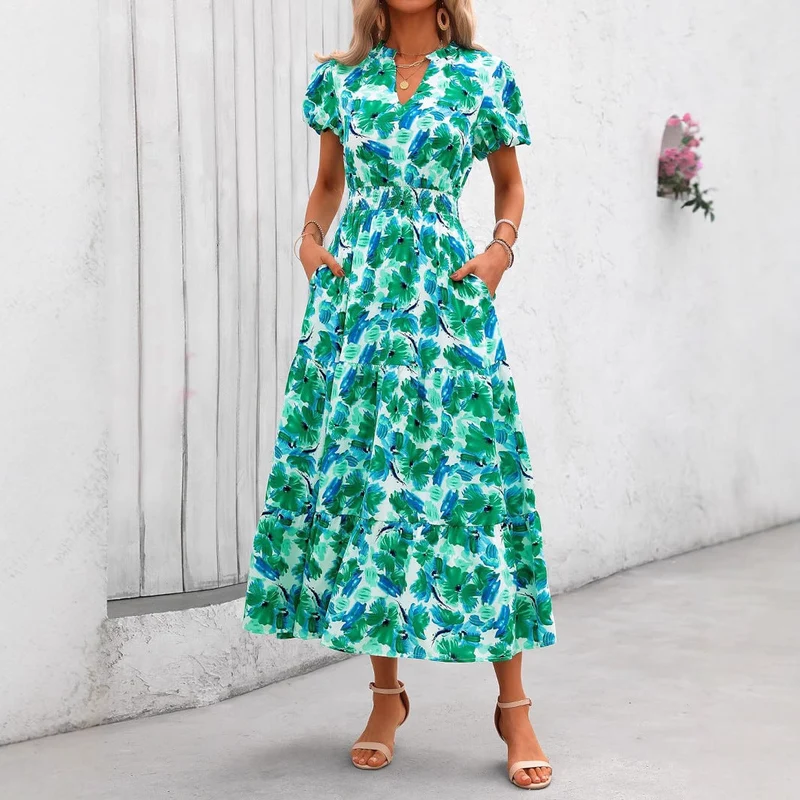 Damen Maxi-Kleid mit floralen Mustern und rüschendem Saum Nord Taschen
