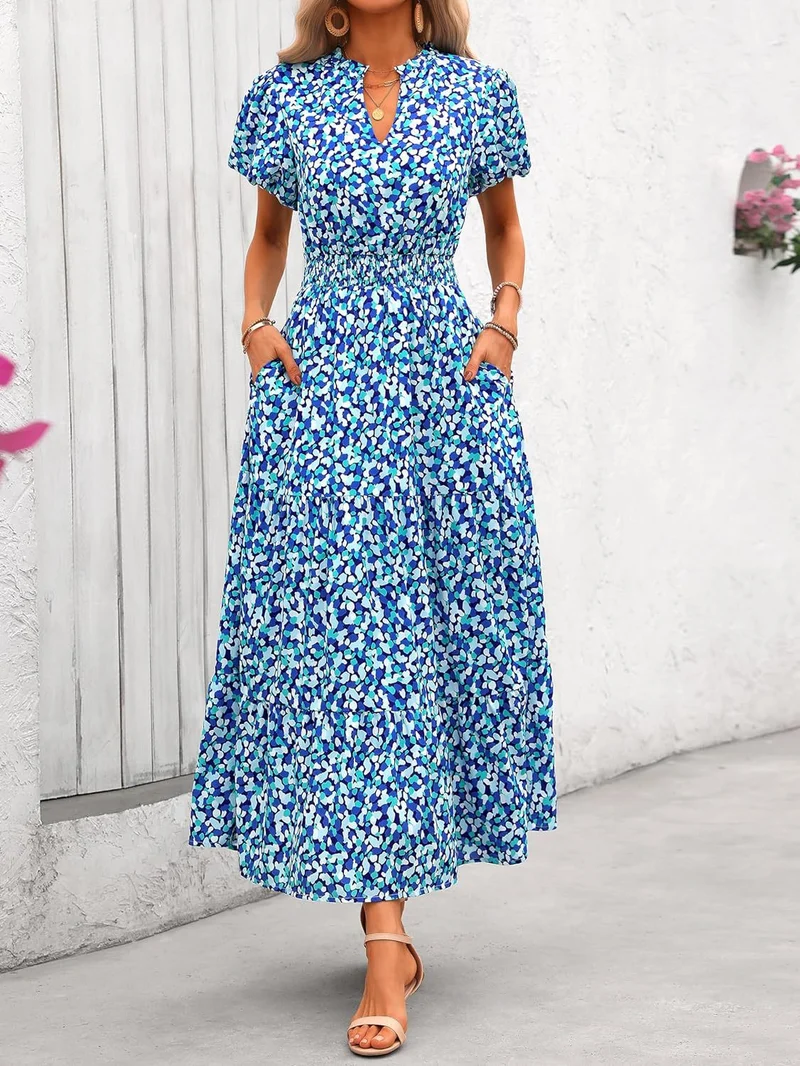 Damen Maxi-Kleid mit floralen Mustern und rüschendem Saum Nord Taschen