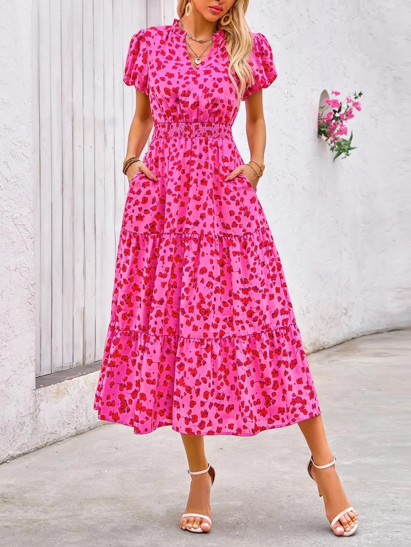 Damen Maxi-Kleid mit floralen Mustern und rüschendem Saum Nord Taschen