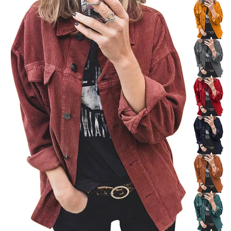 Damen modische Cordjacke mit praktischen aufgesetzten Taschen und lässigem Schnitt