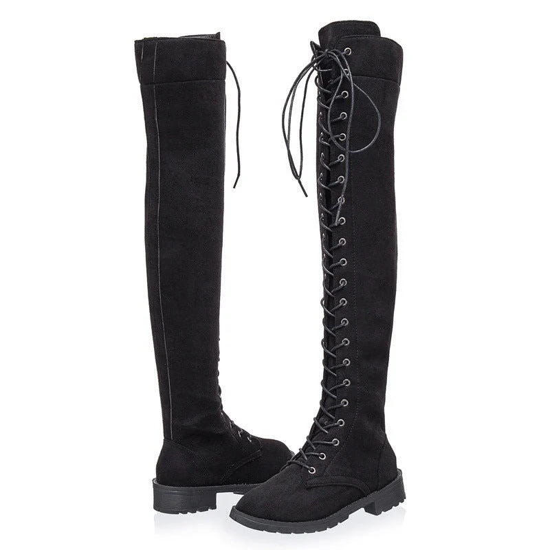 Damen Overkneestiefel aus weichem Wildleder mit dekorativem Schnür-Design