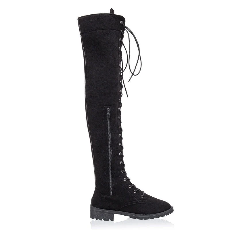 Damen Overkneestiefel aus weichem Wildleder mit dekorativem Schnür-Design