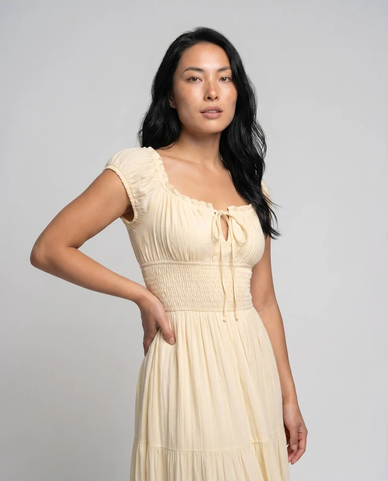 Damen nan romantisches Maxi-Stufenkleid mit Smoktaillen, vorderer Schnürung und Rüschenärmeln