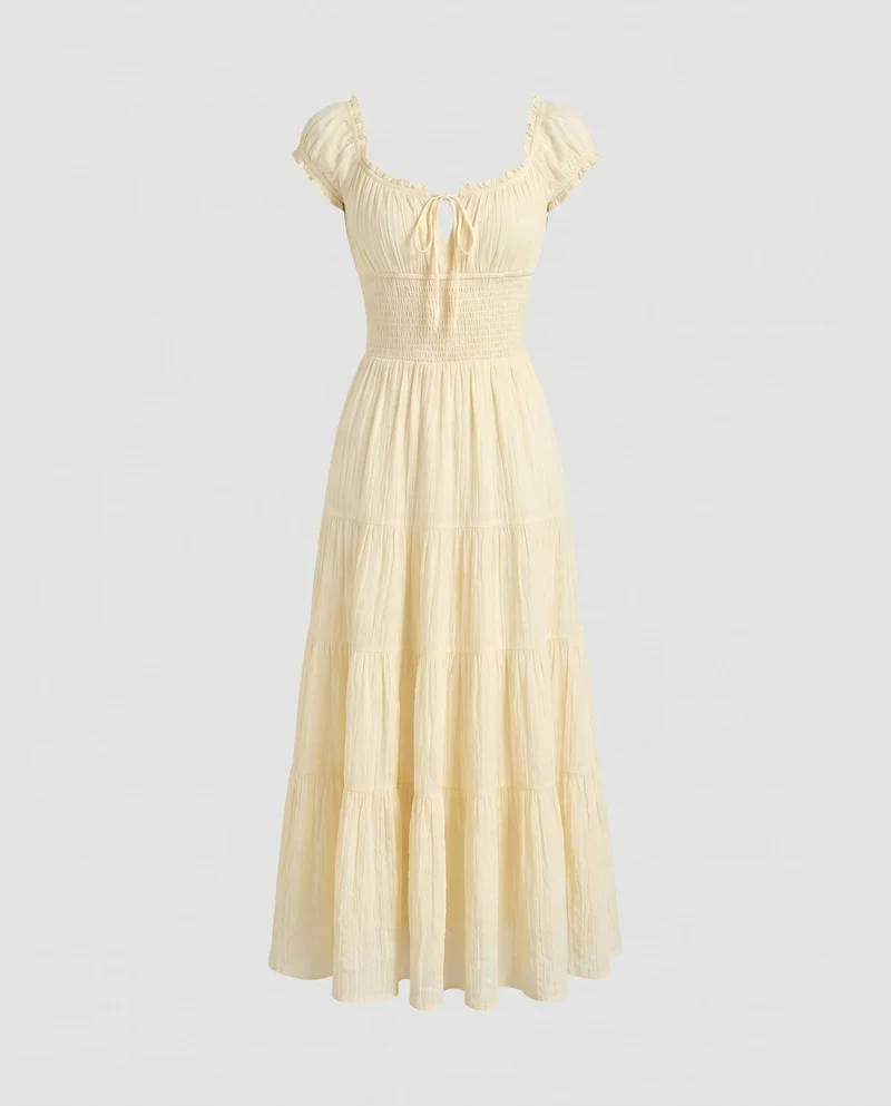 Damen nan romantisches Maxi-Stufenkleid mit Smoktaillen, vorderer Schnürung und Rüschenärmeln