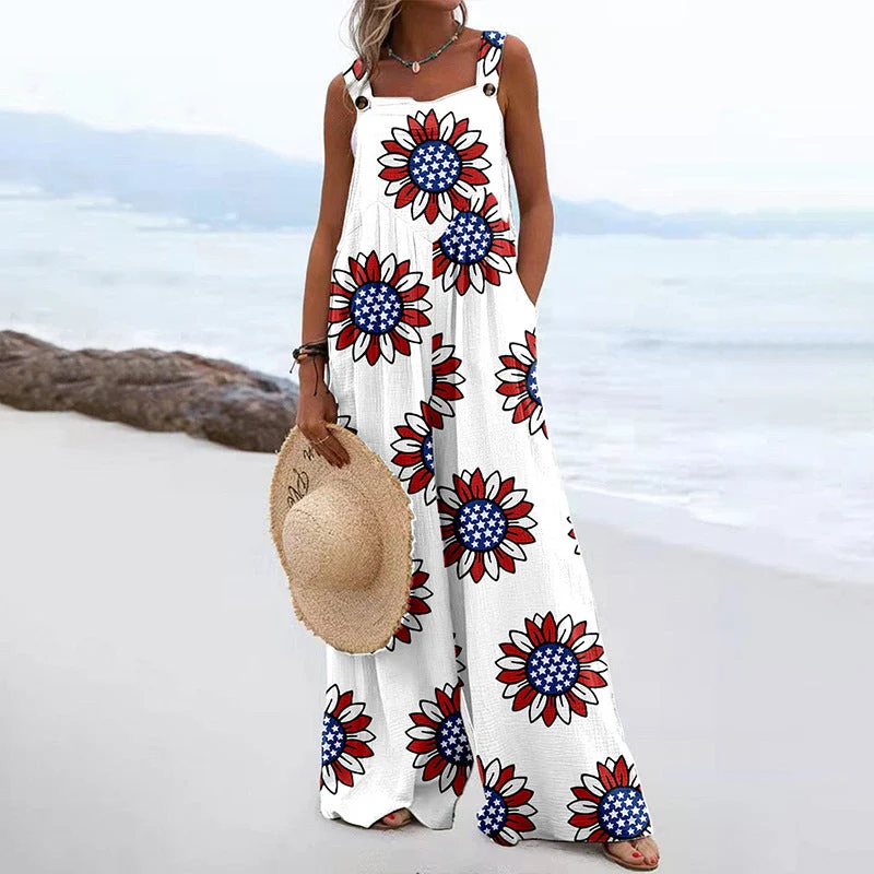 Damen Weit geschnittene Latzhose mit floralem Muster und praktischen Taschen Nord Taschen