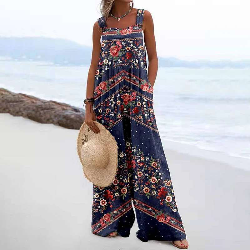 Damen Weit geschnittene Latzhose mit floralem Muster und praktischen Taschen Nord Taschen