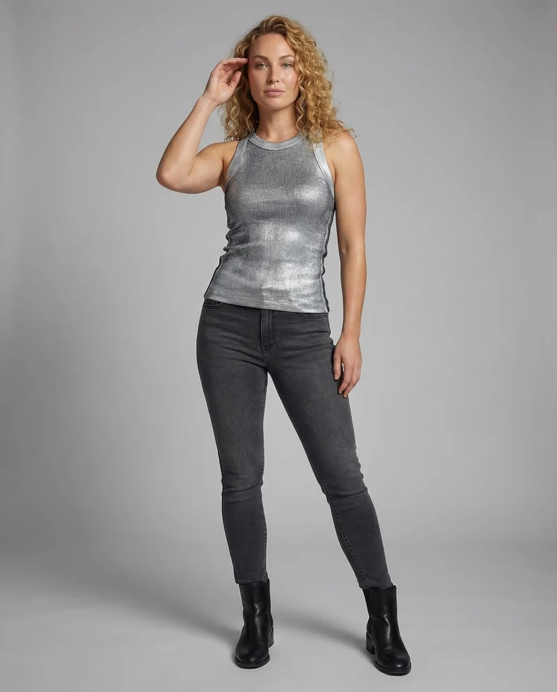 Damen Tailliertes Rippstrick-Top Racer-Schulter