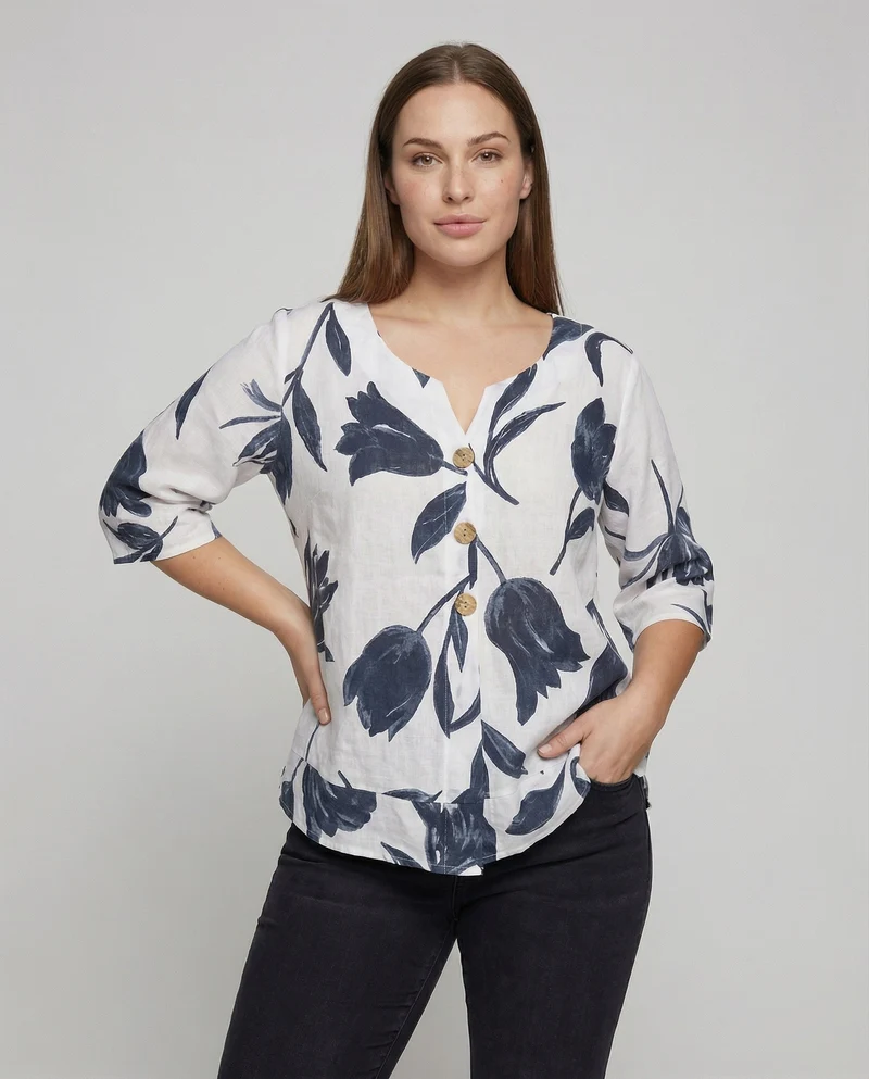 Damen Florale Holzknopfleiste Leinenoptik Leinenoptik-Bluse