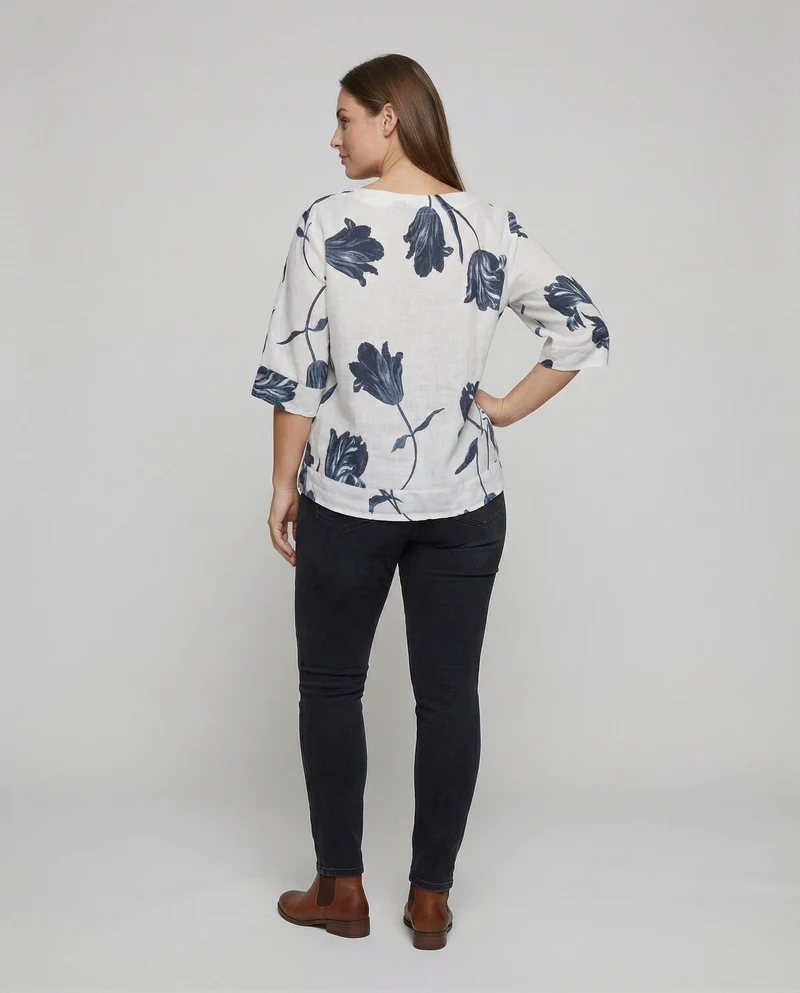 Damen Florale Holzknopfleiste Leinenoptik Leinenoptik-Bluse