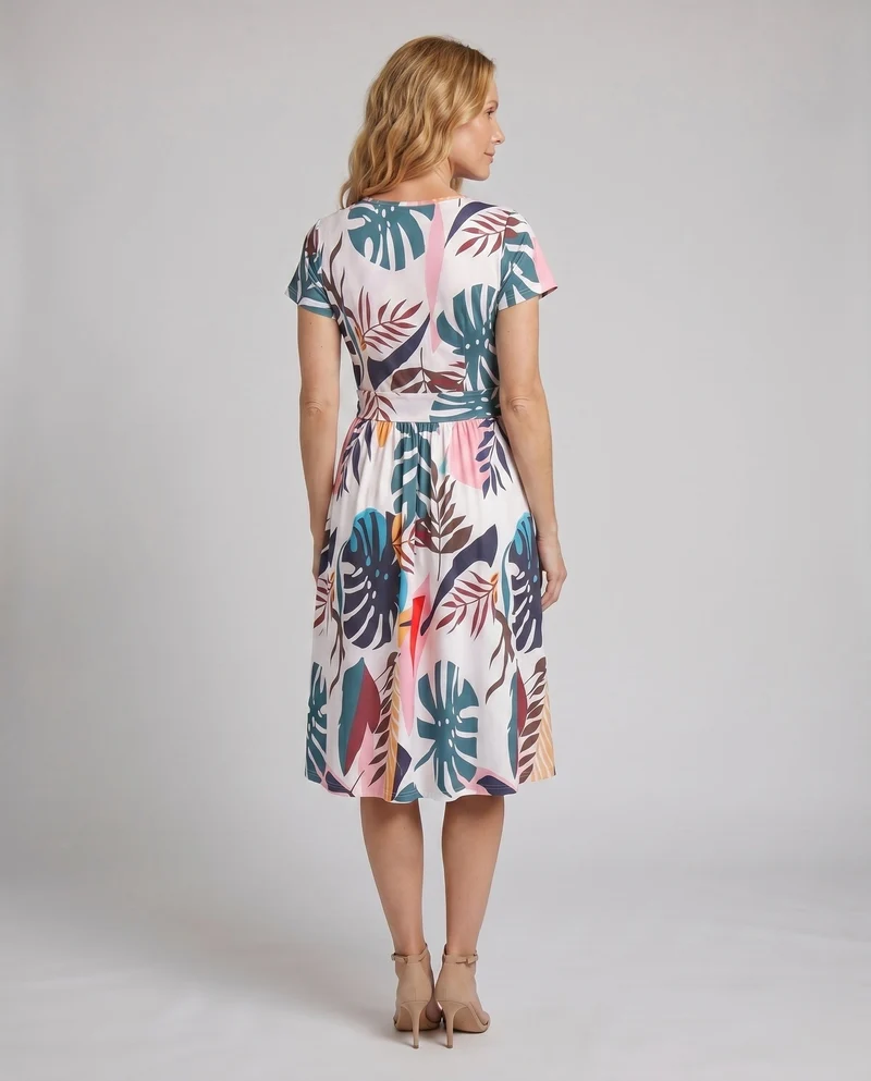 Damen Feminine Klassische Wickeloptik MischgewNord Taschene Midikleid
