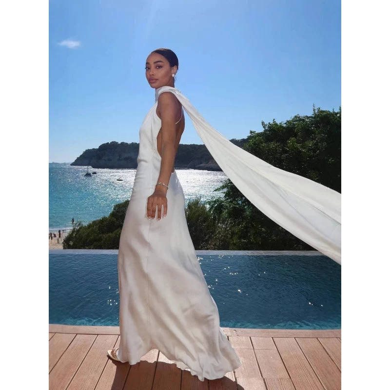 Damen elegantes Maxikleid mit asymmetrischem Oberteil und fließendem Schnitt Nord Taschen