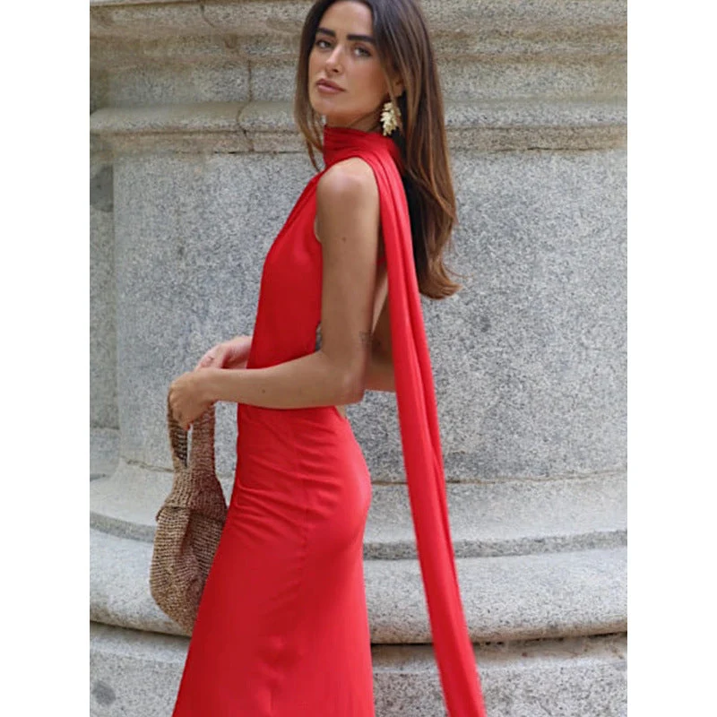 Damen elegantes Maxikleid mit asymmetrischem Oberteil und fließendem Schnitt Nord Taschen