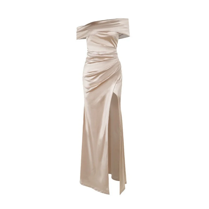 Damen Elegantes Satin Abendkleid mit asymmetrischem Träger und hohem Schlitz