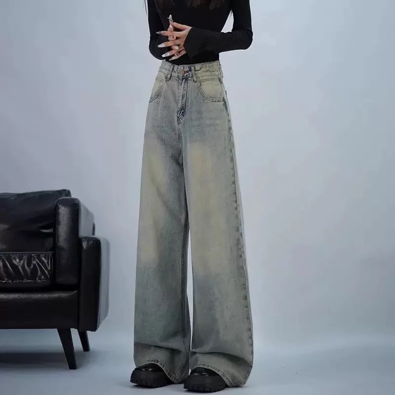 Damen trendige Baggy-Jeans mit hohem Bund und weiten Beinen
