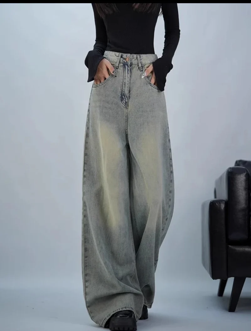 Damen trendige Baggy-Jeans mit hohem Bund und weiten Beinen