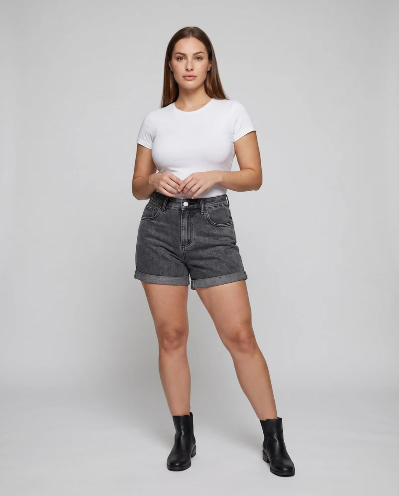 Damen Jeansshorts High-Waist Umschlagsaum 5-Pocket