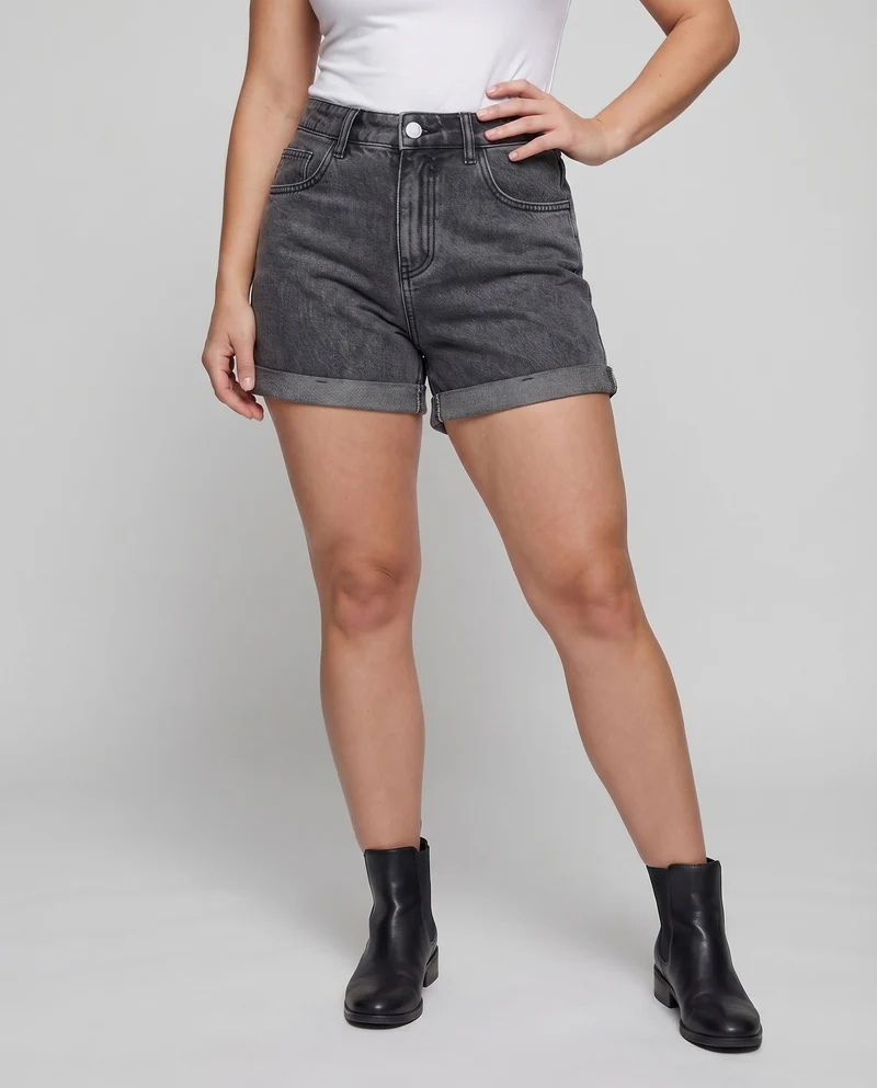 Damen Jeansshorts High-Waist Umschlagsaum 5-Pocket
