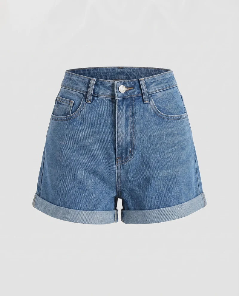 Damen Jeansshorts High-Waist Umschlagsaum 5-Pocket