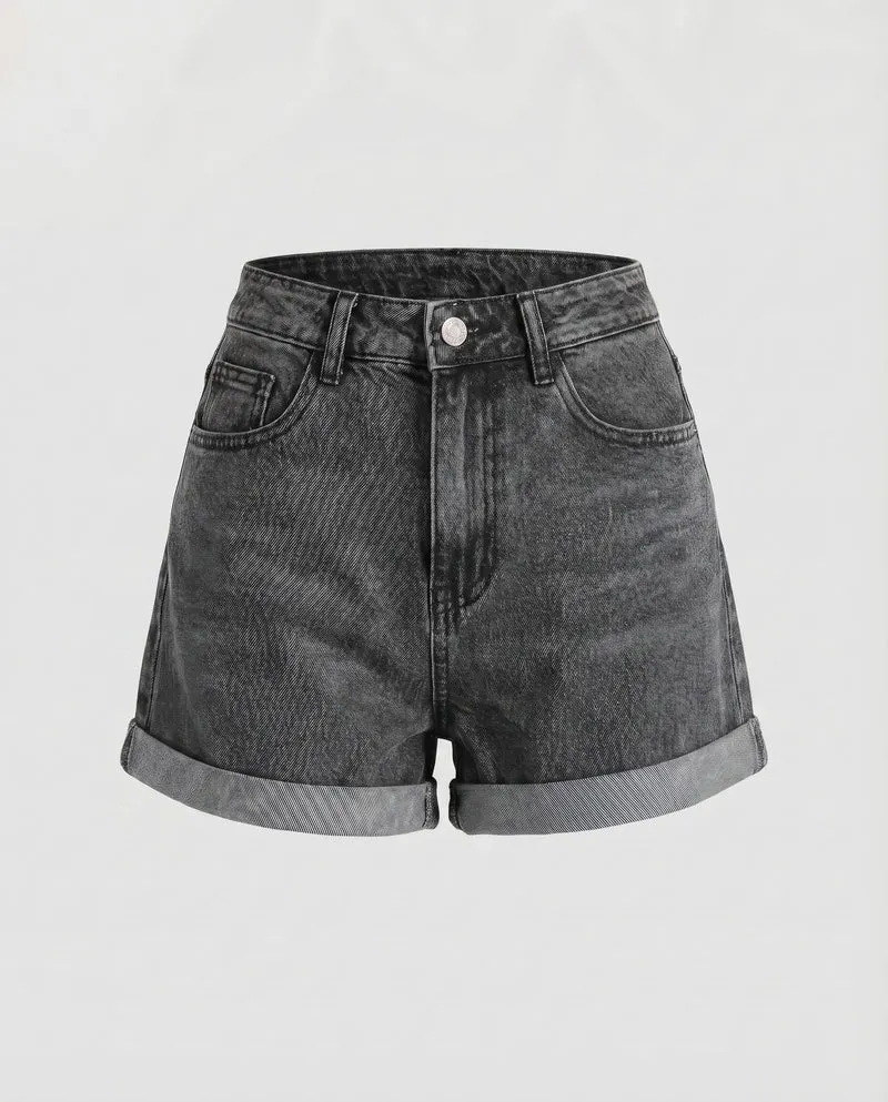 Damen Jeansshorts High-Waist Umschlagsaum 5-Pocket