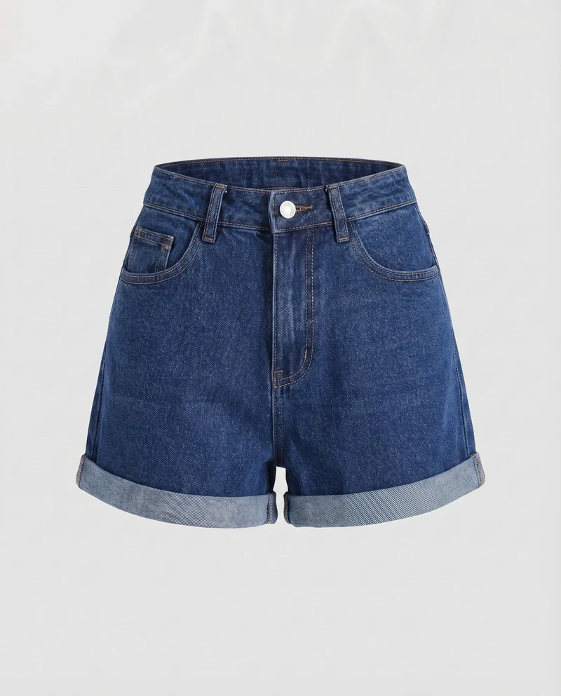 Damen Jeansshorts High-Waist Umschlagsaum 5-Pocket