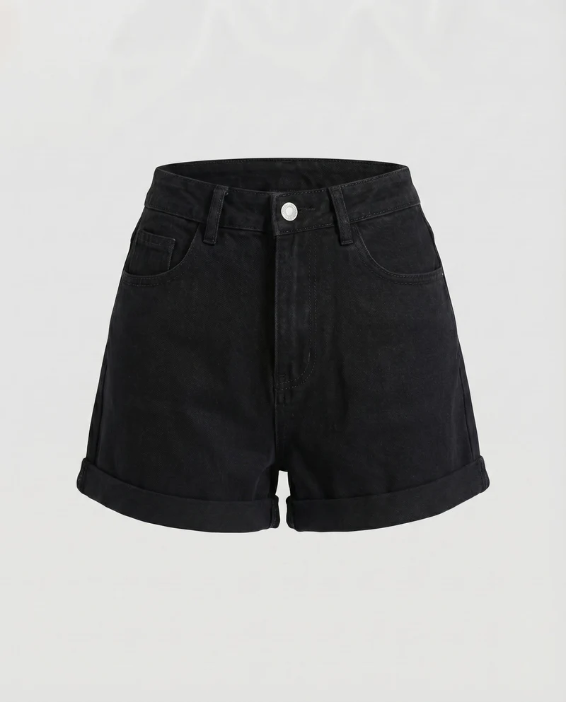 Damen Jeansshorts High-Waist Umschlagsaum 5-Pocket