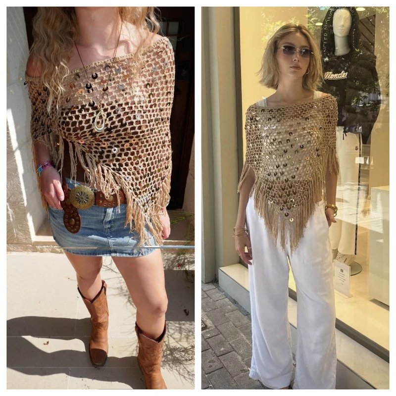 Damen dekorativer Spitzen-Poncho mit eleganten Pailletten und Fransen