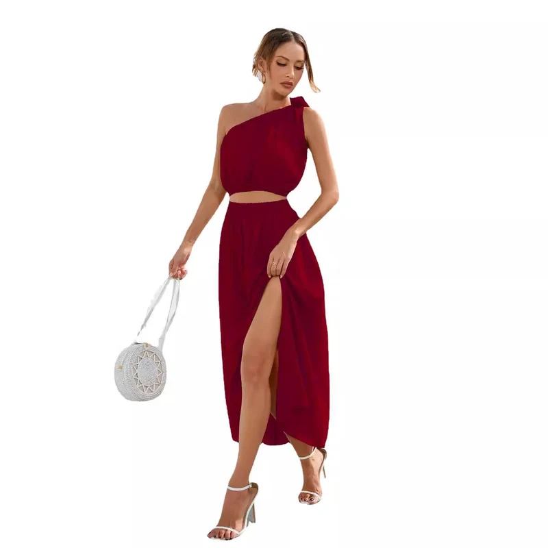 Damen Abendkleid mit schulterfreiem Design und hohem Schlitz Nord Taschen
