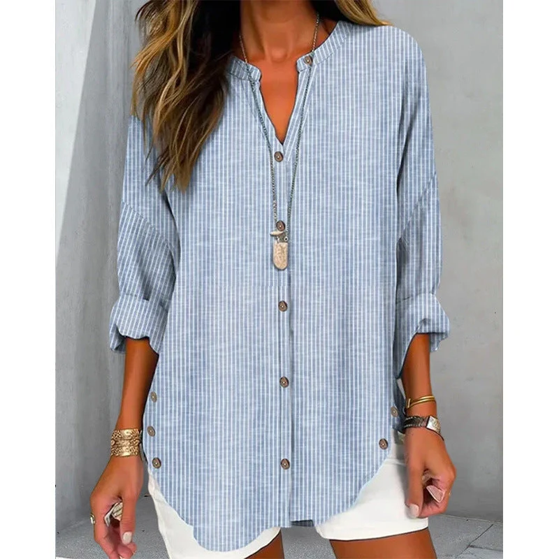 Damen Langarm Blusenshirt mit Knopfleiste und asymmetrischem Saum