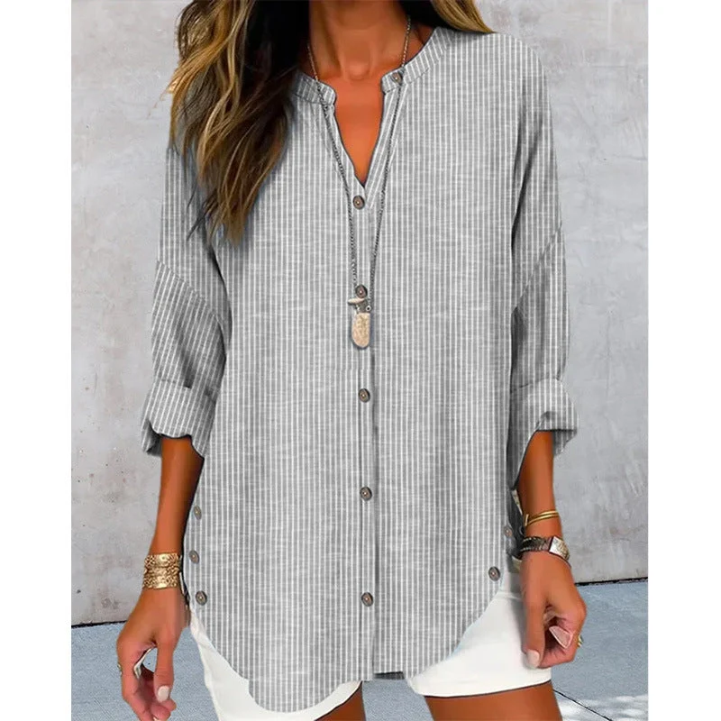 Damen Langarm Blusenshirt mit Knopfleiste und asymmetrischem Saum