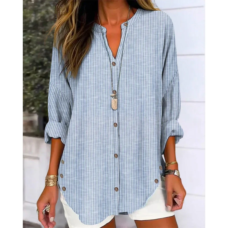 Damen Langarm Blusenshirt mit Knopfleiste und asymmetrischem Saum
